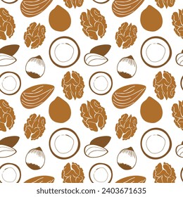 Seamless pattern with different nuts and seeds in soft brown colors. Trendy texture design for food packaging, kitchen wallpaper, textile, grocery shop decor. Vector illustration isolated on white