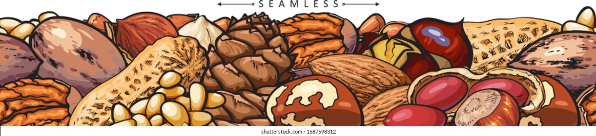 Seamless pattern with different nuts sketch vector illustration isolated on white background. Food and snack endless border with mixed nuts for organic and vegan products.