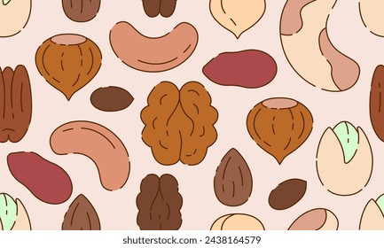 Seamless pattern with different nuts. Vector illustration on white background. Brazil nuts, cashews, peanuts, walnuts, pecans, almonds, macadamia Nuts, Hazelnuts