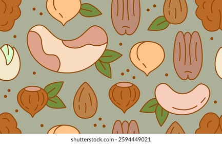 Seamless pattern with different nuts. Vector illustration on white background. Brazil nuts, cashews, peanuts, walnuts, pecans, almonds, macadamia Nuts, Hazelnuts