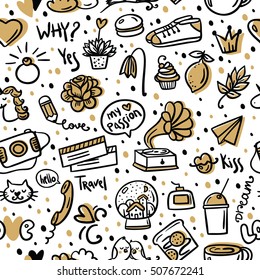 Seamless pattern with different object. Women's feelings and dreams. Doodle sketch background