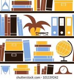 Seamless pattern with different objects placed on a bookshelf.