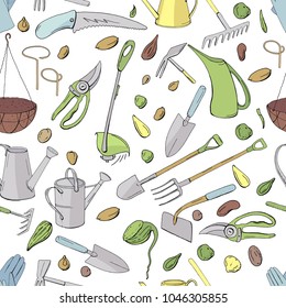Seamless pattern with different objects and tools for gardening. Endless texture for season design
