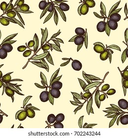 Seamless pattern with different olive products and health food. Wrapping pictures for package design. Seamless pattern olive branch. Vector illustration