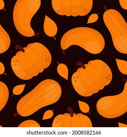 Seamless pattern with different orange pumpkins and leaves. Autumn dark background.Harvest, fresh farm vegetable.Flat style vector illustration.Can be used for fabrics, print, textile, wrapping paper