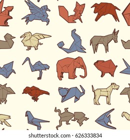 Seamless Pattern of Different Origami Animal. Hand Drawn Illustration.