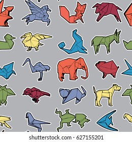 Seamless Pattern of Different Origami Animal. Hand Drawn Illustration.