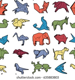 Seamless Pattern of Different Origami Animal. Hand Drawn Illustration.