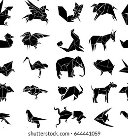 Seamless Pattern of Different Origami Animal. Hand Drawn Black and White Illustration.