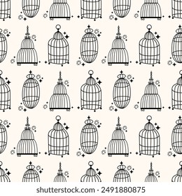 Seamless pattern with different outlined cages. Line art ornamental bird cages collection, metal animal transport handing cages. Vector modern illustration isolated on background