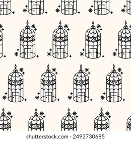 Seamless pattern with different outlined cages. Line art ornamental bird cages collection, metal animal transport handing cages. Vector modern illustration isolated on background