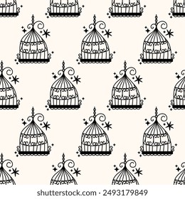Seamless pattern with different outlined cages. Line art ornamental bird cages collection, metal animal transport handing cages. Vector modern illustration isolated on background