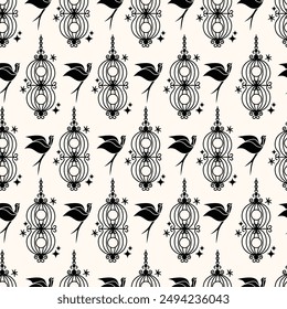 Seamless pattern with different outlined cages. Line art ornamental bird cages collection, metal animal transport handing cages. Vector modern illustration isolated on background