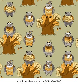 Seamless pattern with different owls, leafs and acorns
