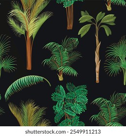 Seamless pattern with different palm trees. Tropical vector