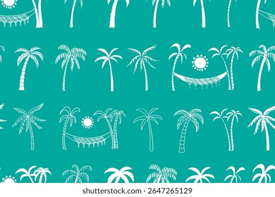 Seamless pattern of different palm trees, suns and hammock in doodle style. Summer time. Travel design. Adventure. Paradise. Hand drawn. Great for prints, poster, banner and professional design