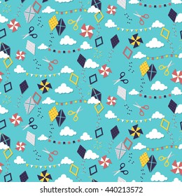 Seamless pattern with different paper kites. Vector illustration