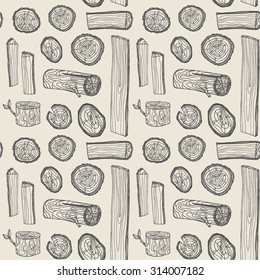 Seamless  pattern from different parts of a tree boards, wood saw cuts, stubs.Background in vector.