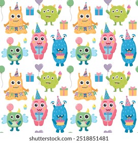 Seamless pattern with different party colorful monsters. Backdrop with cute birthday characters	