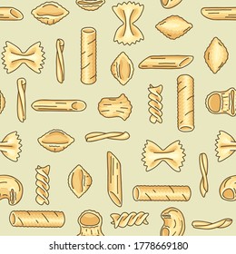 Seamless pattern with different pasta shapes and types: farfalle, casarecce, fusilli, pipe rigate, tortiglioni, conchiglie, penne. Flat vector illustration of Italian cuisine staples.