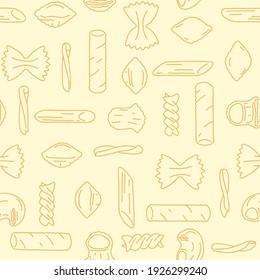 Seamless pattern with different pasta shapes and types: farfalle, casarecce, fusilli, pipe rigate, tortiglioni, conchiglie, penne. Flat vector illustration of Italian cuisine staples. Menu background.