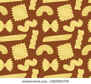 Seamless pattern with different pasta types on brown background. Vector cartoon backdrop in flat style.	