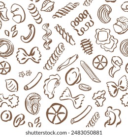 Seamless pattern, different pasta types, sketchy outlined drawings, culinary design elements