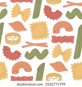 Seamless pattern with different pasta types. Food colorful background in flat style