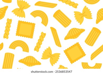 padrão sem costura com diferentes tipos de massas: penne; ravioli; farfalle; fusilli, conchiglie, rigatoni, - ilustração vetorial