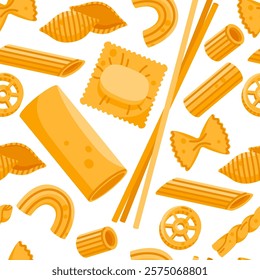 Seamless pattern of different pasta types. Farfalle, ditalini, macaroni, penne, spaghetti, lasagne. Dry Italian food collection. Vector illustration in cartoon style. Isolated white background