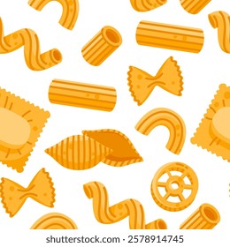 Seamless pattern of different pasta types. Farfalle, elbow macaroni, penne, cavatappi, ravioli. Dry Italian food collection. Vector illustration in cartoon style. Isolated white background