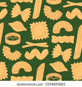 Seamless pattern with different pasta types on dark green backdrop. Background with elements of food