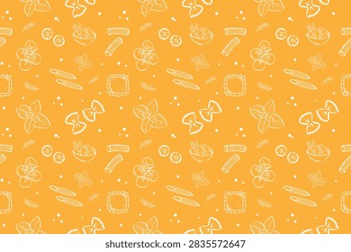 Seamless pattern with different pasta types and ingridients in white colours on yellow background.Italian pasta hand-drawn repeated pattern.Culinary ornament  for menu,food packaging,restaurants. Vector illustration. 