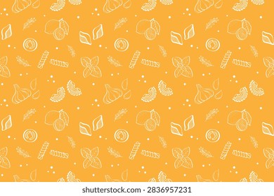 Seamless pattern with different pasta types and ingridients in white colours on yellow background.Italian pasta hand-drawn repeated pattern.Culinary ornament  for menu,food packaging,restaurants. Vector illustration. 