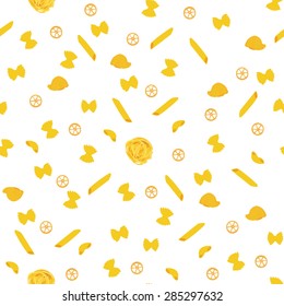 Seamless pattern with different pasta types. Italian food background. Restaurant background with tagliatelle, farfalle, pennette, rotelle, chifferi, lumaconi