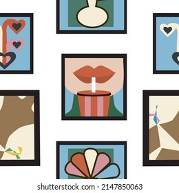 Patrón transparente de diferentes parches y stickers. Tema caluroso del verano. Ilustración vectorial. 