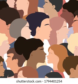 Seamless pattern of different people profile heads. Humans of different gender, ethnicity, and color. Vector background.
