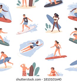 Seamless pattern of different people swimming in sea on surfboard in beachwear. Repeatable background with tropical vacation on beach. Flat vector illustration of women and men surfing in ocean