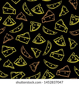 Seamless pattern of different pieces of cheese. hand drawing, isolated, artline, sketch style. For textiles, packaging, wrapper, fabric, children's clothing, menus