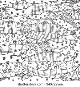 Seamless pattern with different pillows. Pattern for coloring book.  Artistically patterns. Hand-drawn, ethnic, retro, doodle, vector, zentangle  design elements. Hand-drawn vector illustration.