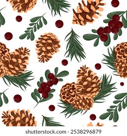 seamless pattern with different pine cones and fir twigs and red holly berries on a white background, for Christmas wrapping, cards or decorations