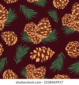 seamless pattern with different pine cones arranged randomly and fir branches on a red background, for Christmas packaging, cards or decorations