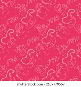 Seamless pattern with different pink bags on bright pink background. Vector image.
