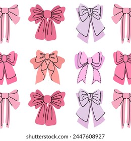 Seamless pattern with different pink bows. Gift ribbons in hand drawn and flat styles. Fashionable vector illustration. Hair girly accessory. Bows for gift wrapping. Coquette core cute design.