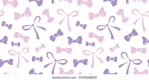 Seamless pattern with different pink flat bows, ribbons. Cute fun simple abstract vector background, texture for fabric, wrapping paper, girls design