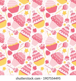 Seamless pattern of different pink sweets on a white background. Cake, cupcakes, muffins, lollipops, strawberries with cream. Festive design for birthday, wedding, anniversary. Vector illustration