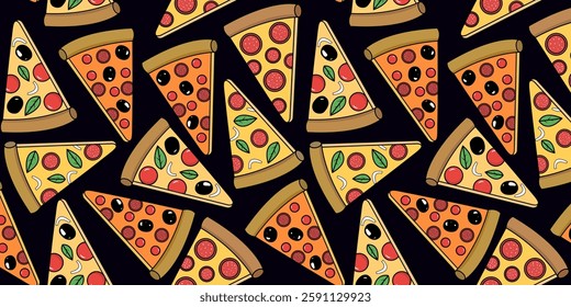 seamless pattern of different pizza slices on a black dark background for web textile or paper design