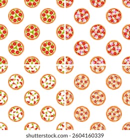 Seamless pattern with different pizzas showing various delicious toppings