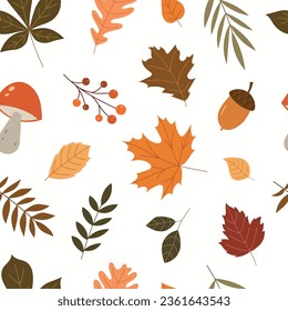 Seamless pattern with different plants in the autumn season