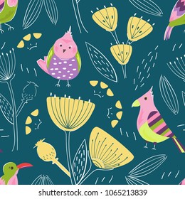 seamless pattern with different plants and birds naive style. Flowers and bright birds stylized on dark blue background